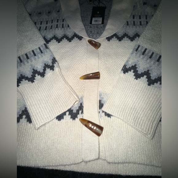 NEW FRYE OATMEAL FAIR ISLE V Neck Knit Cardigan Sweater TOGGLE BUTTONS SZ LARGE - Picture 11 of 16